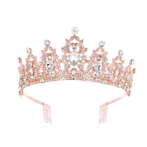 Detail of rose gold baroque tiara with pear-shaped crystals and small rhinestones
