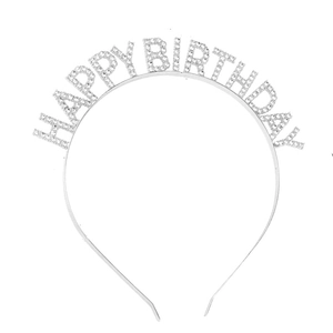 Serre-tête argenté Happy Birthday avec strass pour fête de fille sur fond blanc