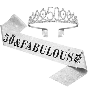 50th Birthday set with silver crystal rhinestone tiara and glitter sash with black lettering