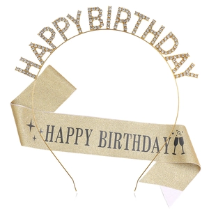 Kit fête Happy Birthday avec bandeau en strass doré et écharpe pailletée champagne