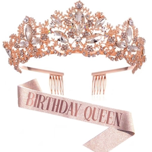 Rose gold Birthday Queen tiara and pink glitter sash set with crystals for women party