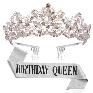 Birthday Queen set with silver crystal tiara and matching glitter sash for party events
