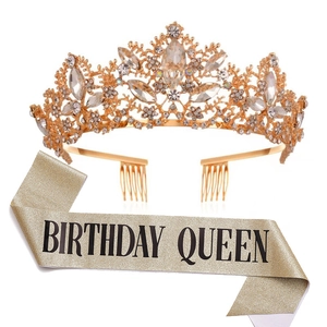 Birthday Queen Crown Tiara And Glitter Sash Set For Women Birthday Party Decorations Rose Gold Silver Gold Rhinestone Headpiece