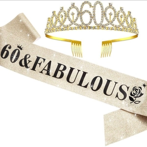 Glittering 60th birthday set with rhinestone crown and 60 & Fabulous rose gold sash