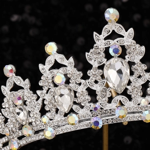 Baroque bridal crown with teardrop crystals and AB gemstones on a silver leaf metal base
