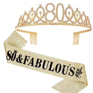 Golden 80th birthday crown and fabulous sash set with white rhinestones and rose patterns