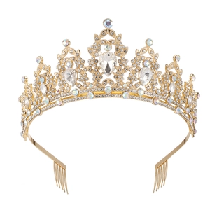Baroque gold crown with pear-shaped rhinestones and integrated hair combs for bridal wear