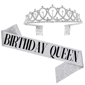 Set aus silberner BIRTHDAY QUEEN Schärpe und Strass-Tiara für die Geburtstagsparty