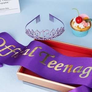 Purple 13th birthday tiara and Official Teenager sash set for party celebrations