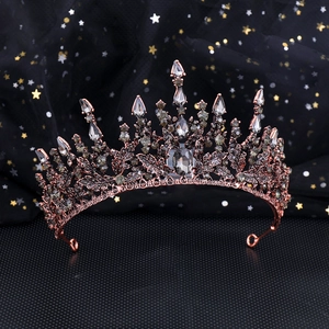 Gothic rose gold bridal crown with smoky grey rhinestones and black teardrop crystals