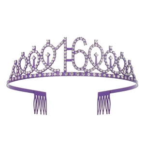 Detail of purple number 16 birthday tiara crown with rhinestones and hair combs