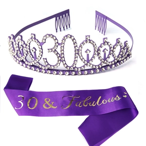 Close-up of purple 30th birthday tiara with rhinestones and 30 & Fabulous satin sash