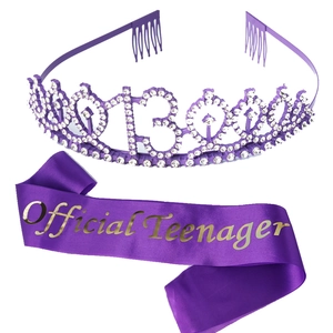 Detailed view of purple 13th birthday tiara with rhinestones and Official Teenager sash