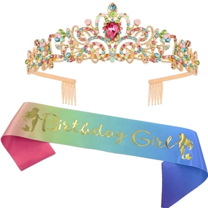 Mermaid Birthday Sash And Rhinestone Tiara Set Gradient Color Birthday Queen Girl Satin Ribbon Party Decorations For Women