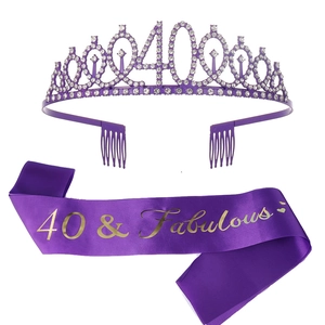 Detail of purple 40th birthday tiara with rhinestones and 40 & Fabulous satin sash