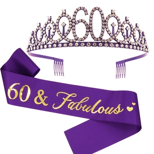 Detail of purple 60th birthday tiara with rhinestones and 60 & Fabulous satin sash