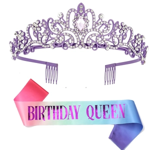 Detail of purple rhinestone tiara and gradient Birthday Queen sash set for girls