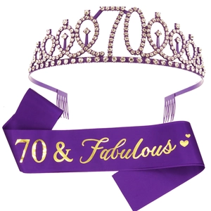 Detail of purple 70 & Fabulous birthday sash with gold lettering and rhinestone crown