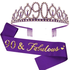 Detail of purple 90th birthday set with crystal tiara and 90 & Fabulous glitter sash