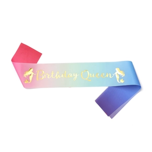 Colorful gradient Birthday Queen sash with golden mermaid silhouettes and elegant typography