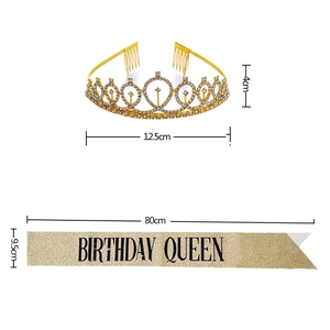 Gold rhinestone birthday crown and Birthday Queen sash set with dimensions display