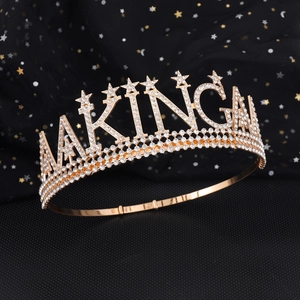 Gold metal birthday crown for men featuring A KING rhinestone lettering and stars