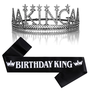 Birthday King crown and sash set with black rhinestones and satin material for party