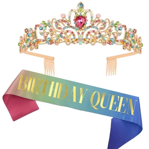 Colorful mermaid birthday queen set with gold rhinestone tiara and gradient satin sash