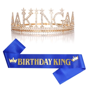 Golden Birthday King crown with blue satin sash set for men party celebrations
