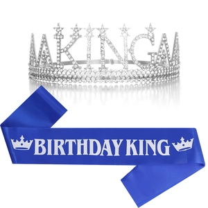 Detail view of silver rhinestone KING crown and blue satin BIRTHDAY KING sash set