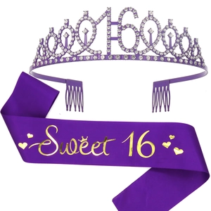 Purple Birthday Crown And Sash Set For Women Rhinestone Tiara With Satin Birthday Sash Happy Birthday Party Decoration Supplies