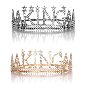 Birthday King crown headpiece in gold and silver finish with rhinestones on white background