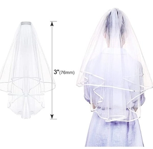Short double-layered white bridal veil with hair comb and elegant satin edge detail