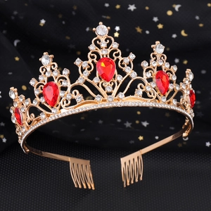 Luxurious gold crown tiara with red teardrop stones and white crystals for bridal wedding