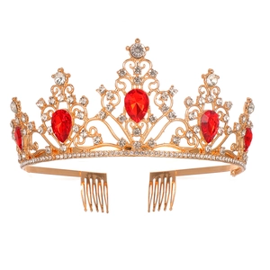 Luxurious gold crown with red teardrop rhinestones and sparkling crystals for bridal wear