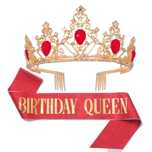 Luxury Alloy Rhinestone Birthday Queen Crown Tiara And Sash For Women Girls Birthday Party Pageant Headpiece Hair Jewelry