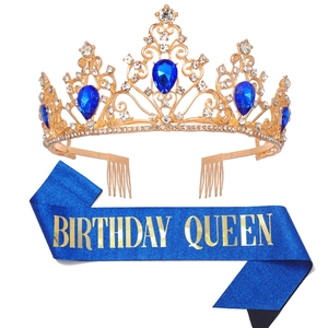 Luxury gold tiara with blue crystals and Birthday Queen sash set for party events