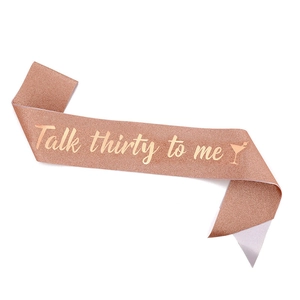 Glittery rose gold 30th birthday sash with Talk Thirty To Me text and martini icon