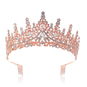 Detailed view of rose gold bridal tiara with water drop rhinestones and side hair combs