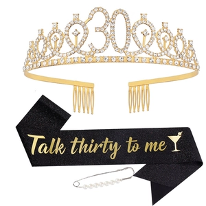 Elegant 30th birthday set with gold rhinestone tiara and black 'Talk thirty to me' sash