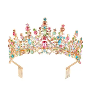 Front view of a golden wedding crown with colorful rhinestones on a white background