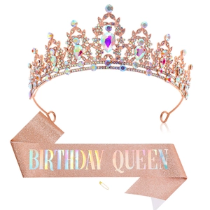 Ensemble élégant de couronne d'anniversaire or rose et écharpe rose pailletée queen