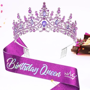 Close-up of a purple glitter Birthday Queen sash and silver rhinestone tiara set