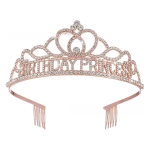 Detail of rose gold Birthday Princess tiara with sparkling rhinestones and hair combs