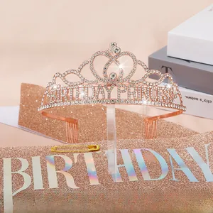 Detail of rose gold BIRTHDAY PRINCESS rhinestone tiara and pink glitter birthday sash