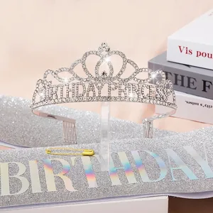 Birthday Princess set with silver rhinestone tiara and glitter sash on pink background