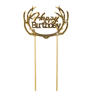 Detailansicht goldener Rentier-Tortenstecker mit schwarzen Strasssteinen und Happy Birthday Schrift