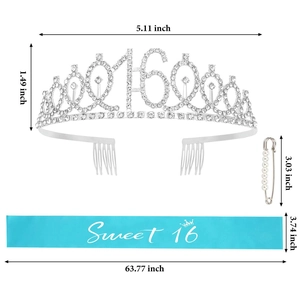 Sky blue Sweet 16 birthday sash set with crystal crown and pearl pin accessories