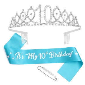 Diadème d'Anniversaire en Cristal de Strass Et Ensemble d'Écharpe en Satin Avec Épingle Künstliche Perle Bleu Argent Décoration de Fête