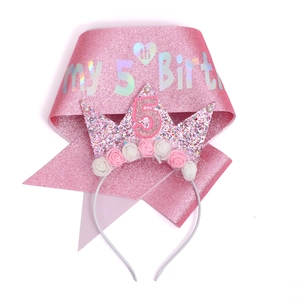 Pink glitter sash with my 5th Birthday text and flower crown with number 5